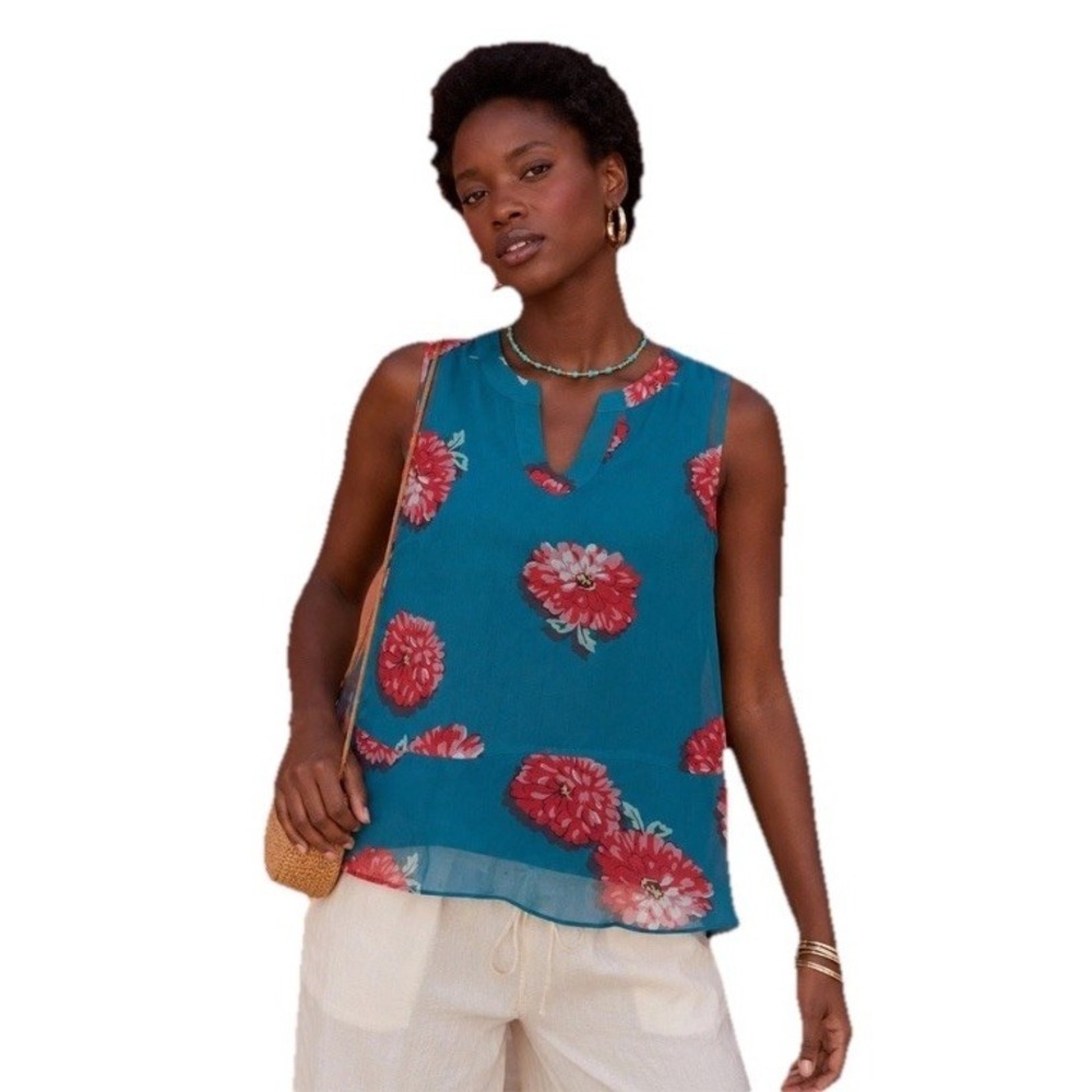 CAbi Blushing Chiffon Top Small Teal Floral Print Sleeveless‎ V-Neck Lined #3445